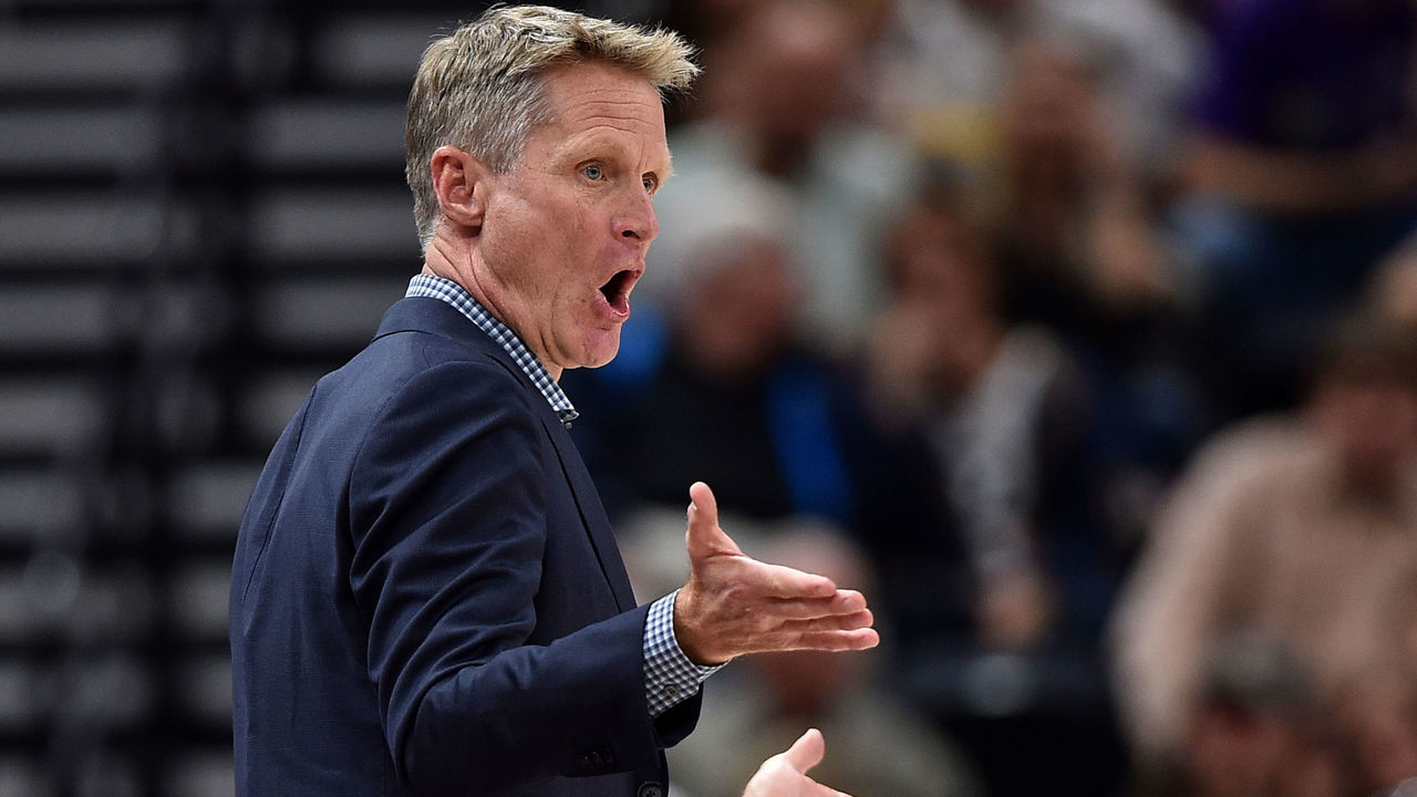 SALT LAKE CITY, UT - APRIL 10: Head coach Steve Kerr of the Golden State Warriors complains about a call in the first half of a game against the Utah Jazz at Vivint Smart Home Arena on April 10, 2018 in Salt Lake City, Utah.