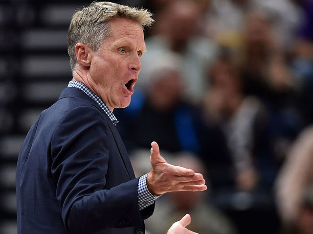 SALT LAKE CITY, UT - APRIL 10: Head coach Steve Kerr of the Golden State Warriors complains about a call in the first half of a game against the Utah Jazz at Vivint Smart Home Arena on April 10, 2018 in Salt Lake City, Utah.