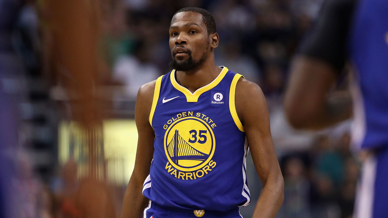 PHOENIX, AZ - APRIL 08: Kevin Durant #35 of the Golden State Warriors during the first half of the NBA game against the Phoenix Suns at Talking Stick Resort Arena on April 8, 2018 in Phoenix, Arizona.