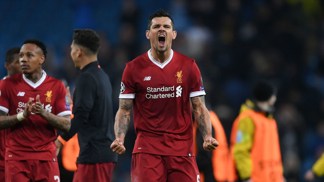 MANCHESTER, ENGLAND - APRIL 10: Dejan Lovren of Liverpool reacts after the final whistle during the UEFA Champions League Quarter Final Second Leg match between Manchester City and Liverpool at Etihad Stadium on April 10, 2018 in Manchester, England.
