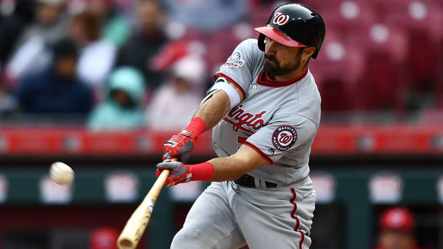 CINCINNATI, OH - APRIL 1: Adam Eaton #2 of the Washington Nationals hits a two-run home run in the seventh inning against the Cincinnati Reds at Great American Ball Park on April 1, 2018 in Cincinnati, Ohio. Washington defeated Cincinnati 6-5.