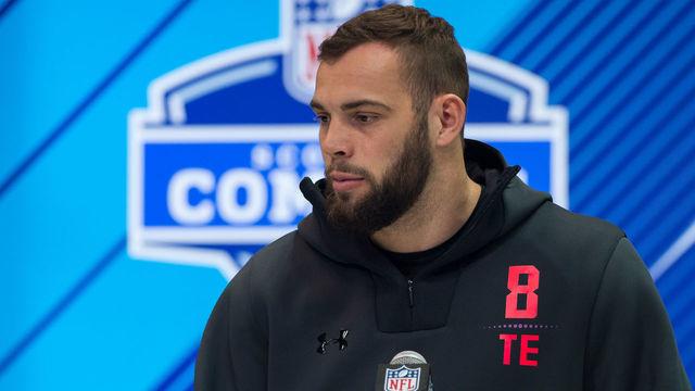 INDIANAPOLIS, IN - MARCH 02: South Dakota State tight end Dallas Goedert answers questions from the media during the NFL Scouting Combine on March 2, 2018 at the Indiana Convention Center in Indianapolis, IN.