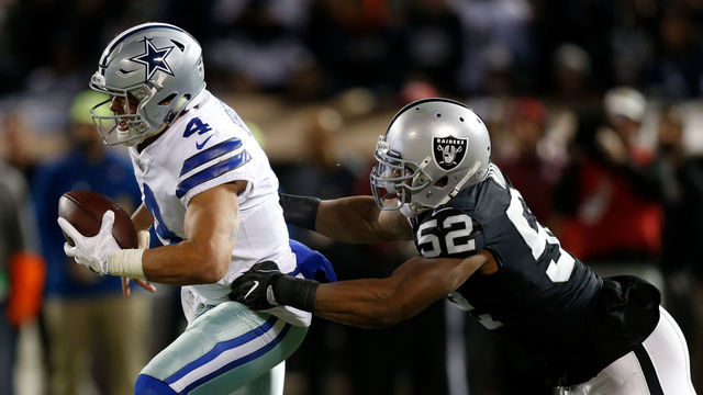 OAKLAND, CA - DECEMBER 17: Khalil Mack #52 of the Oakland Raiders sacks Dak Prescott #4 of the Dallas Cowboys during their NFL game at Oakland-Alameda County Coliseum on December 17, 2017 in Oakland, California.