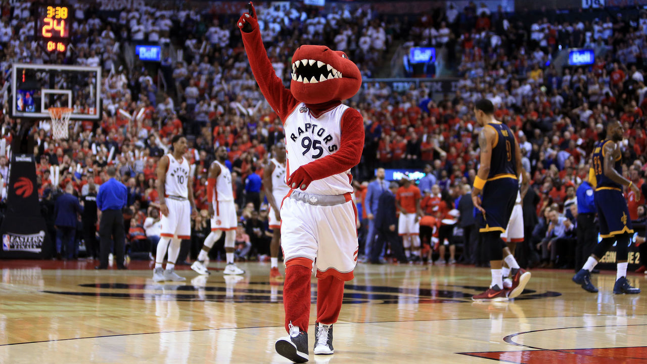 TORONTO, ON - MAY 21: The Toronto Raptors Mascot, The Raptor, signals to the crowd in the second half of Game Three of the Eastern Conference Finals against the Cleveland Cavaliers during the 2016 NBA Playoffs at the Air Canada Centre on May 21, 2016 in Toronto, Ontario, Canada.