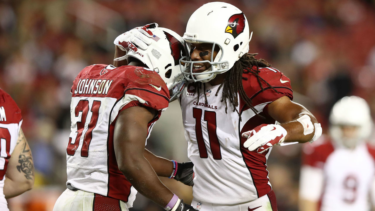 SANTA CLARA, CA - OCTOBER 06: David Johnson #31 of the Arizona Cardinals celebrates after a touchdown with Larry Fitzgerald #11 during their NFL game against the San Francisco 49ers at Levi's Stadium on October 6, 2016 in Santa Clara, California.