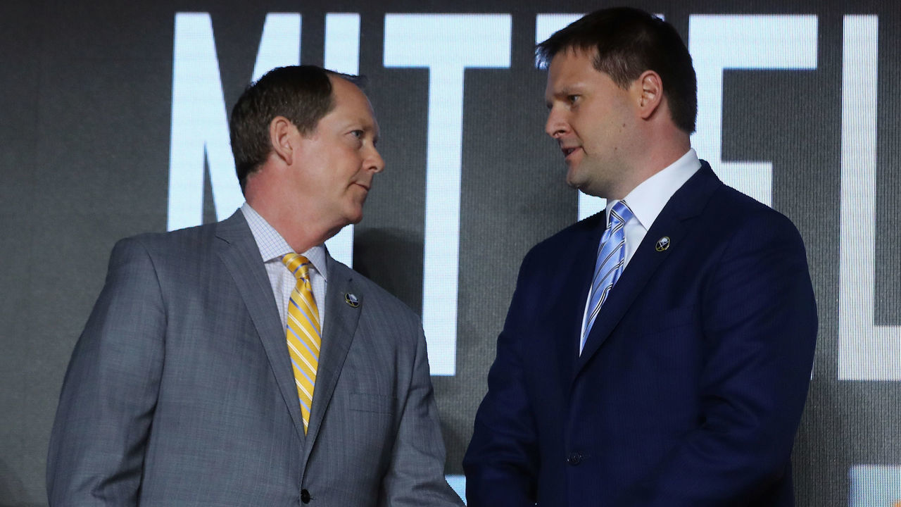 CHICAGO, IL - JUNE 23: (L-R) Phil Housley and Jason Botterill of the Buffalo Sabres attend the 2017 NHL Draft at the United Center on June 23, 2017 in Chicago, Illinois.