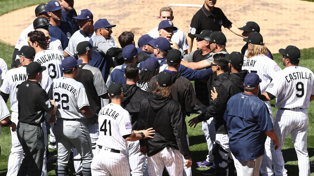 DENVER, CO - APRIL 11: Benches clear as a brawl breaks out between the Colorado Rockies and the San Diego Padres in the third inning at Coors Field on April 11, 2018 in Denver, Colorado.