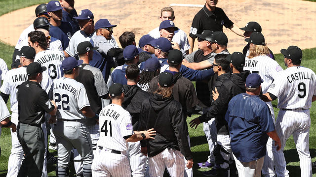 DENVER, CO - APRIL 11: Benches clear as a brawl breaks out between the Colorado Rockies and the San Diego Padres in the third inning at Coors Field on April 11, 2018 in Denver, Colorado.