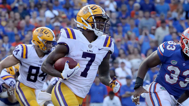 GAINESVILLE, FL - OCTOBER 07: D.J. Chark #7 of the LSU Tigers rushes for yardage during the game against the Florida Gators at Ben Hill Griffin Stadium on October 7, 2017 in Gainesville, Florida.