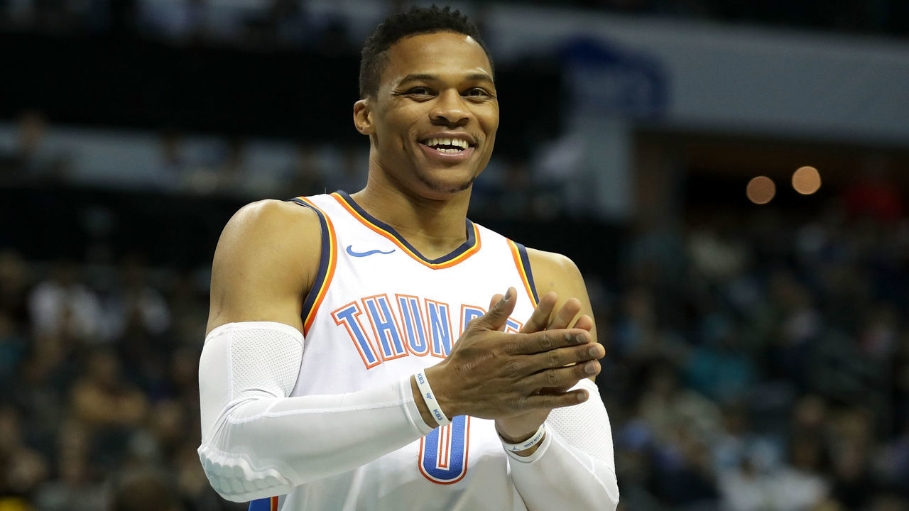 CHARLOTTE, NC - JANUARY 13: Russell Westbrook #0 of the Oklahoma City Thunder watches on before their game against the Charlotte Hornets at Spectrum Center on January 13, 2018 in Charlotte, North Carolina.