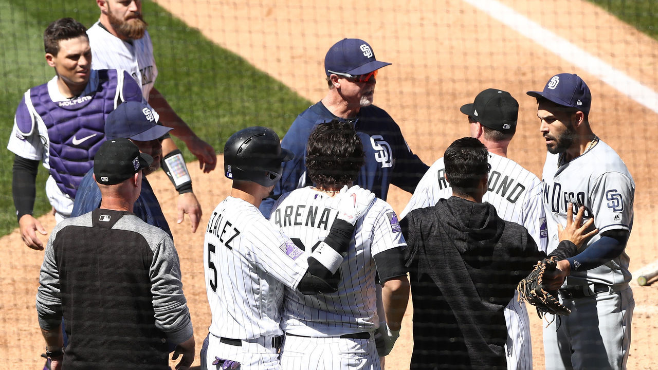 DENVER, CO - APRIL 11: Benches clear as a brawl breaks out between the Colorado Rockies and the San Diego Padres in the third inning at Coors Field on April 11, 2018 in Denver, Colorado.