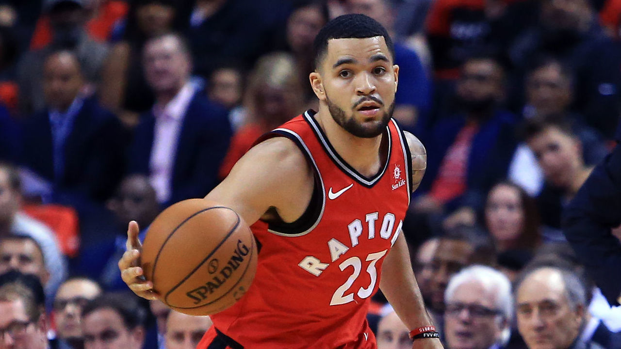 TORONTO, ON - OCTOBER 19: Fred VanVleet #23 of the Toronto Raptors dribbles the ball during the second half of an NBA game against the Chicago Bulls at Air Canada Centre on October 19, 2017 in Toronto, Canada.