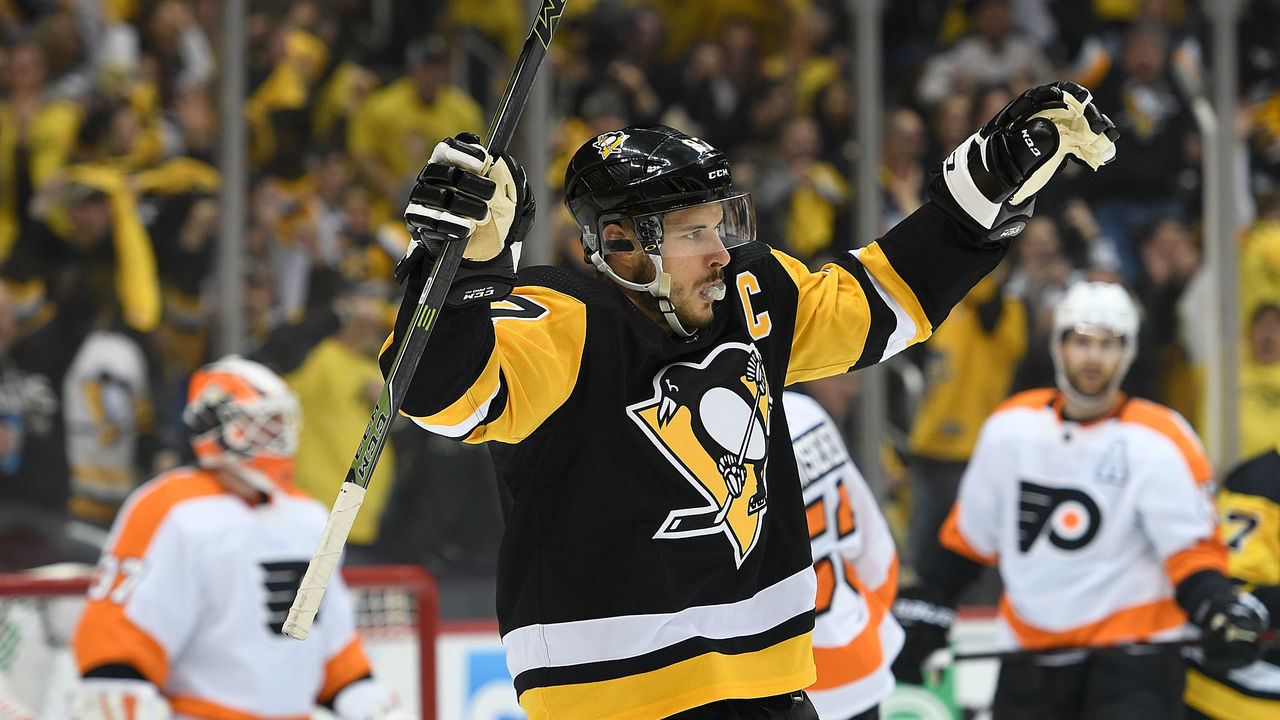 PITTSBURGH, PA - APRIL 11: Sidney Crosby #87 of the Pittsburgh Penguins celebrates after scoring a goal in the second period in Game One of the Eastern Conference First Round during the 2018 NHL Stanley Cup Playoffs against the Philadelphia Flyers at PPG PAINTS Arena on April 11, 2018 in Pittsburgh, Pennsylvania.