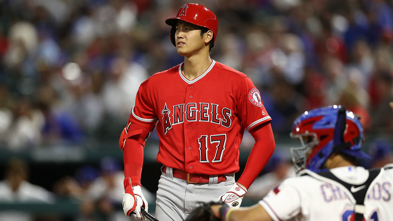 ARLINGTON, TX - APRIL 11: Shohei Ohtani #17 of the Los Angeles Angels stands at bat in the fourth inning against the Texas Rangers at Globe Life Park in Arlington on April 11, 2018 in Arlington, Texas.