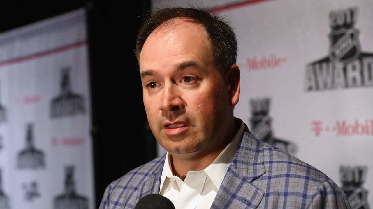 LAS VEGAS, NV - JUNE 20: Pierre Dorion of the Ottawa Senators is interviewed during media availability for the 2017 NHL Awards at Encore Las Vegas on June 20, 2017 in Las Vegas, Nevada.