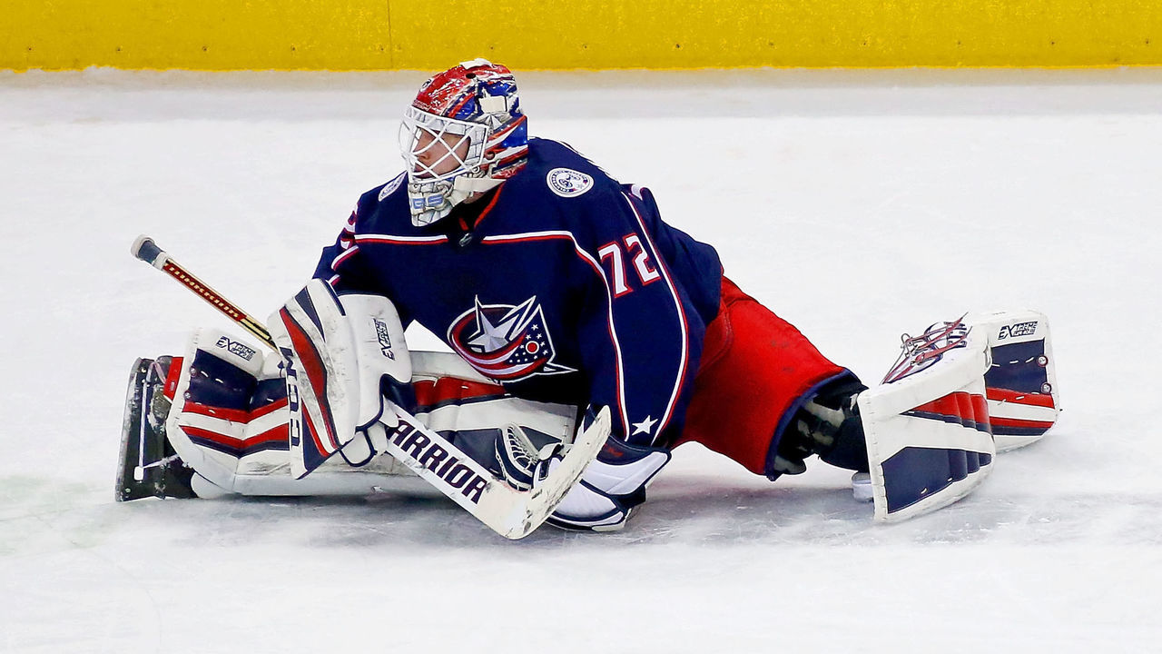 COLUMBUS, OH - MARCH 24: Sergei Bobrovsky #72 of the Columbus Blue Jackets warms up prior to the start of the game against the St. Louis Blues on March 24, 2018 at Nationwide Arena in Columbus, Ohio. *** Local Caption *** Sergei Bobrovsky