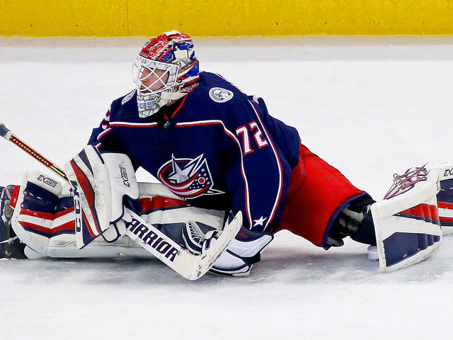 COLUMBUS, OH - MARCH 24: Sergei Bobrovsky #72 of the Columbus Blue Jackets warms up prior to the start of the game against the St. Louis Blues on March 24, 2018 at Nationwide Arena in Columbus, Ohio. *** Local Caption *** Sergei Bobrovsky