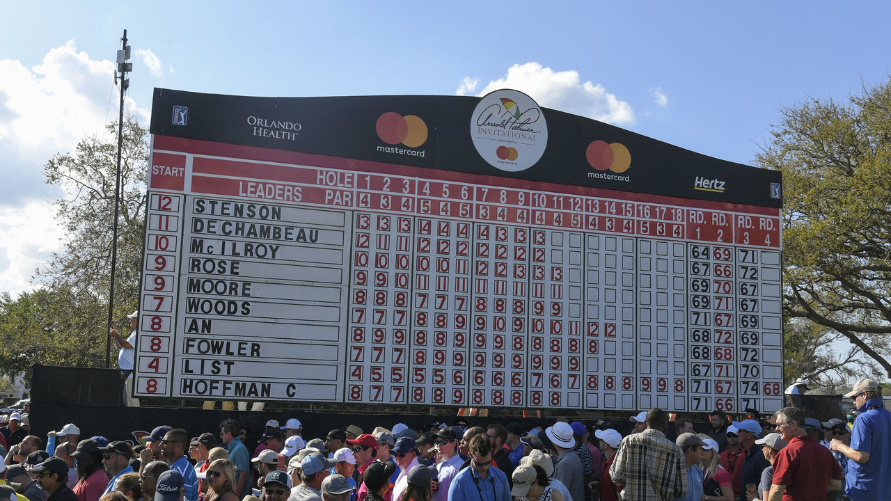 ORLANDO, FL - MARCH 18: A leaderboard is seen during the final round of the Arnold Palmer Invitational presented by MasterCard at Bay Hill Club and Lodge on March 18, 2018 in Orlando, Florida.
