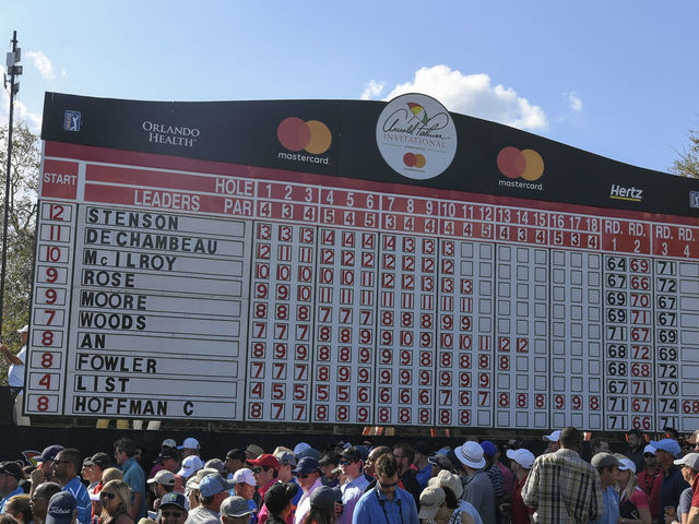 ORLANDO, FL - MARCH 18: A leaderboard is seen during the final round of the Arnold Palmer Invitational presented by MasterCard at Bay Hill Club and Lodge on March 18, 2018 in Orlando, Florida.