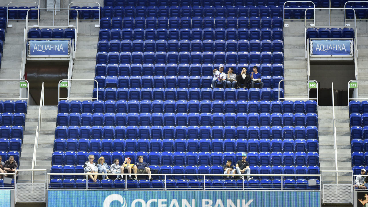 MIAMI, FL - APRIL 11: Fans sitting in the stands during the game between the New York Mets and Miami Marlins at Marlins Park on April 11, 2018 in Miami, Florida.