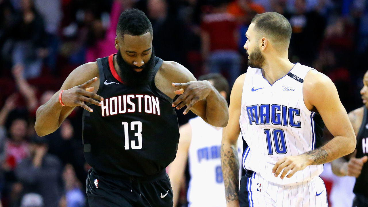 HOUSTON, TX - JANUARY 30: James Harden #13 of the Houston Rockets motions after makling a three-point shot against the Orlando Magic at Toyota Center on January 30, 2018 in Houston, Texas. Harden had a triple double with 60 points, 10 rebounds and 11 assists.