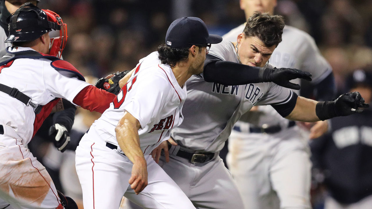 BOSTON, MA - APRIL 11: Tyler Austin #26 of the New York Yankees fights Joe Kelly #56 of the Boston Red Sox during the seventh inning at Fenway Park on April 11, 2018 in Boston, Massachusetts.