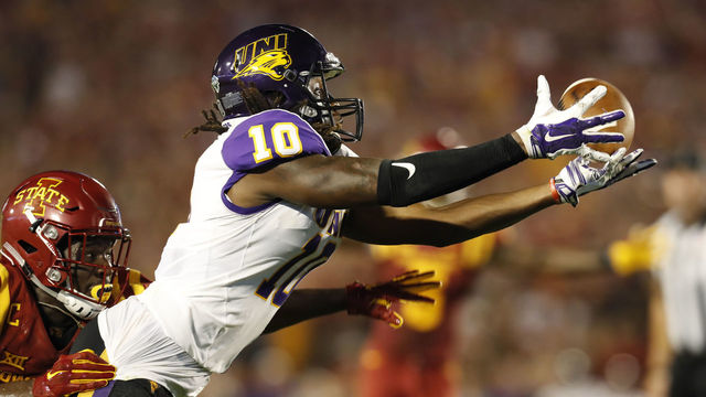 AMES, IA - SEPTEMBER 2: Wide receiver Daurice Fountain #10 of the Northern Iowa Panthers can't hold onto a touchdown pass as he is tackled by defensive back Brian Peavy #10 of the Iowa State Cyclones in the end zone in the first half of play at Jack Trice Stadium on September 2, 2017 in Ames, Iowa.