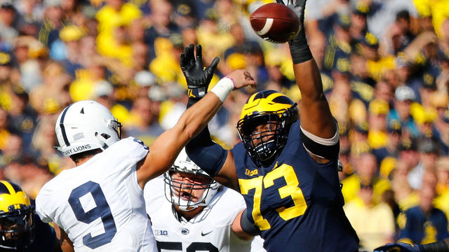 ANN ARBOR, MI - SEPTEMBER 24: Maurice Hurst #73 of the Michigan Wolverines rushes quarterback Trace McSorley #9 of the Penn State Nittany Lions during the first quarter of the game at Michigan Stadium on September 24, 2016 in Ann Arbor, Michigan.
