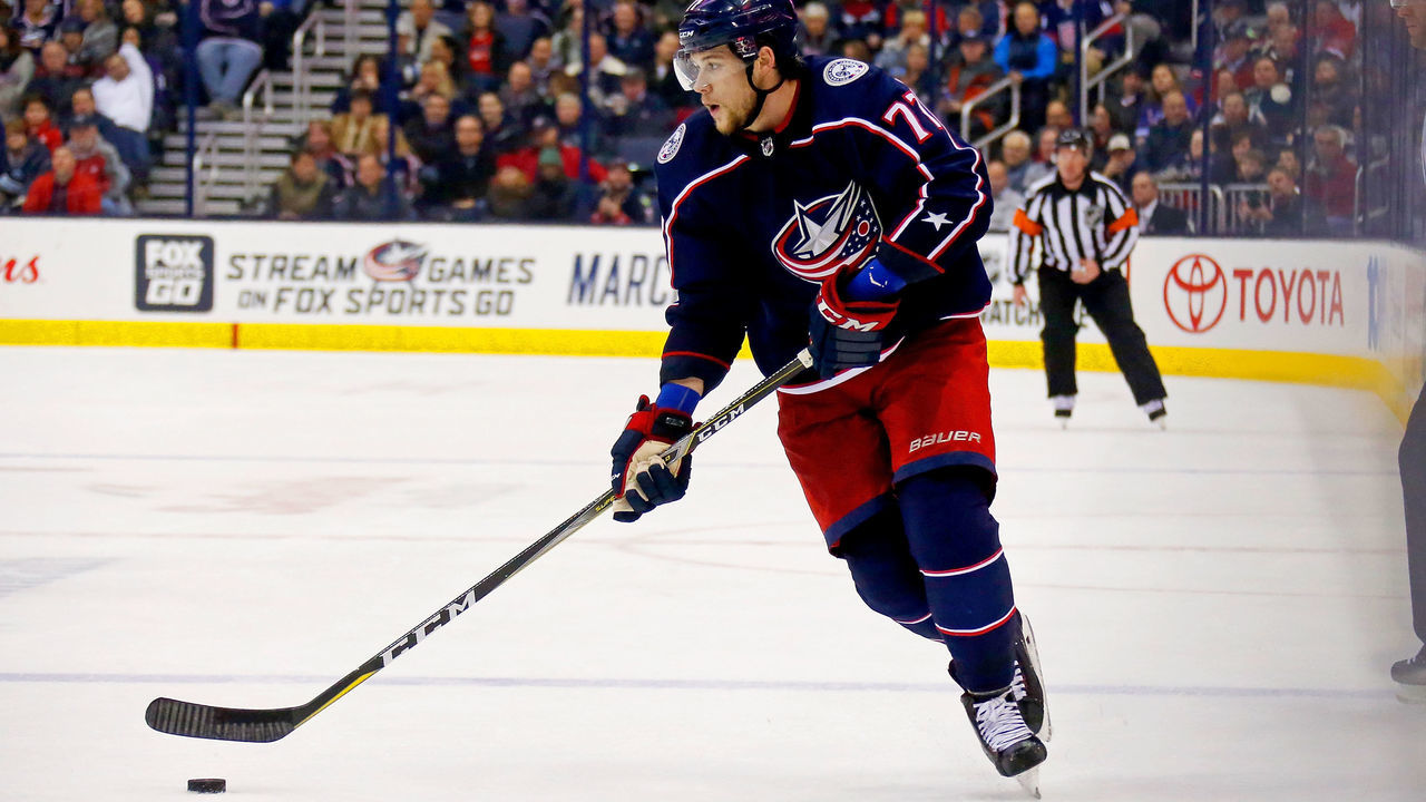COLUMBUS, OH - NOVEMBER 17: Josh Anderson #77 of the Columbus Blue Jackets controls the puck during the game against the New York Rangers on November 17, 2017 at Nationwide Arena in Columbus, Ohio.