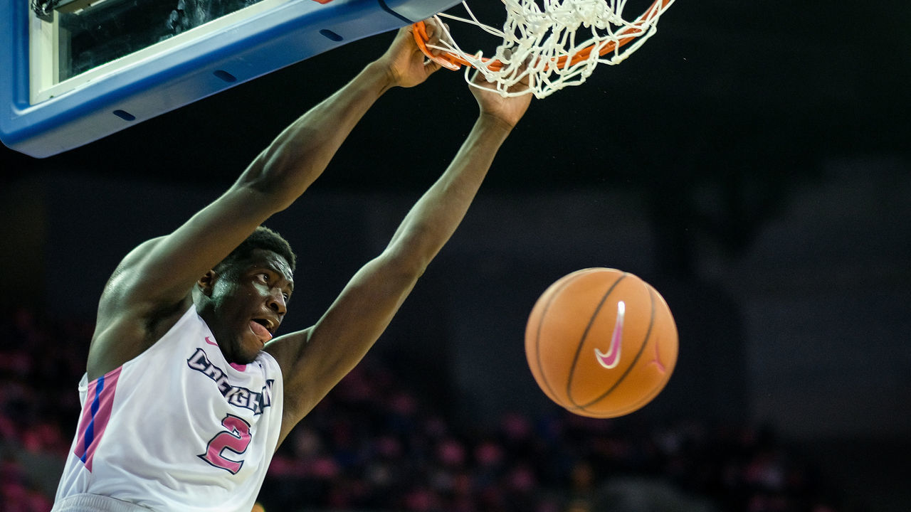 OMAHA, NE - JANUARY 28: Khyri Thomas #2 of the Creighton Bluejays finishes strong during their game against the DePaul Blue Demons at CenturyLink Center on January 28, 2017 in Omaha, Nebraska.