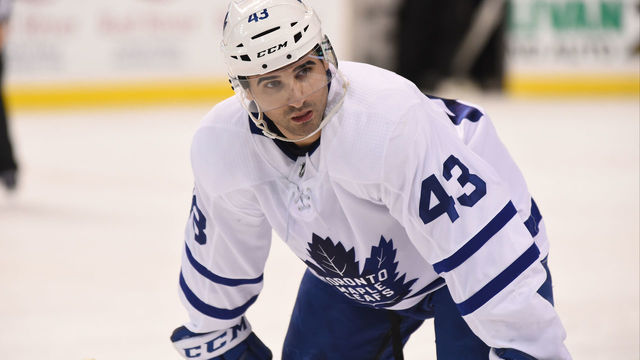 BOSTON, MA - NOVEMBER 11: Nazem Kadri #43 of the Toronto Maple Leafs waits for a face off against the Boston Bruins at the TD Garden on November 11, 2017 in Boston, Massachusetts.