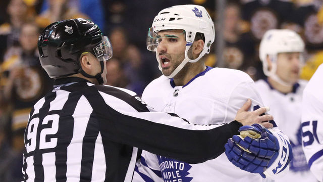 BOSTON, MA - APRIL 12: Nazem Kadri #43 of the Toronto Maple Leafs reacts after being called for boarding during the third period of Game One of the Eastern Conference First Round against the Boston Bruins during the 2018 NHL Stanley Cup Playoffs at TD Garden on April 12, 2018 in Boston, Massachusetts. The Bruins defeat the Leafs 5-1.