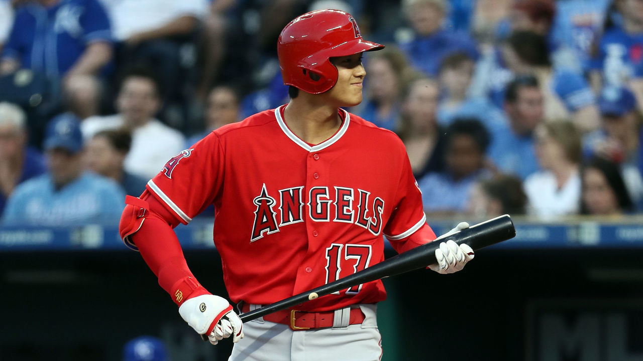 KANSAS CITY, MO - APRIL 12: Shohei Ohtani #17 of the Los Angeles Angels bats during the game against the Kansas City Royals at Kauffman Stadium on April 12, 2018 in Kansas City, Missouri.