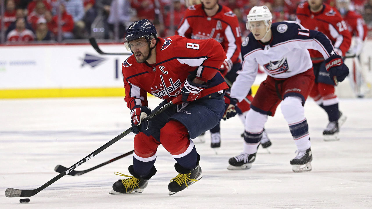 WASHINGTON, DC - APRIL 12: Alex Ovechkin #8 of the Washington Capitals skates up the ice against the Columbus Blue Jackets in the second period in Game One of the Eastern Conference First Round during the 2018 NHL Stanley Cup Playoffs at Capital One Arena on April 12, 2018 in Washington, DC.