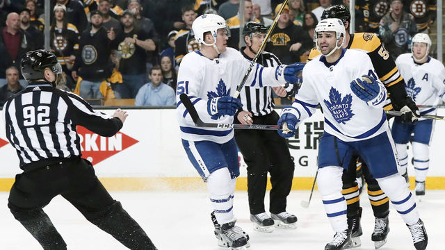BOSTON, MA - APRIL 12: Toronto Maple Leafs center Nazem Kadri (43) protests his boarding penalty to linesman Mark Shewchyk (92) during Game 1 of the First Round for the 2018 Stanley Cup Playoffs between the Boston Bruins and the Toronto Maple Leafs on April 12, 2018, at TD Garden in Boston, Massachusetts. The Bruins defeated the Maple Leafs 5-1.