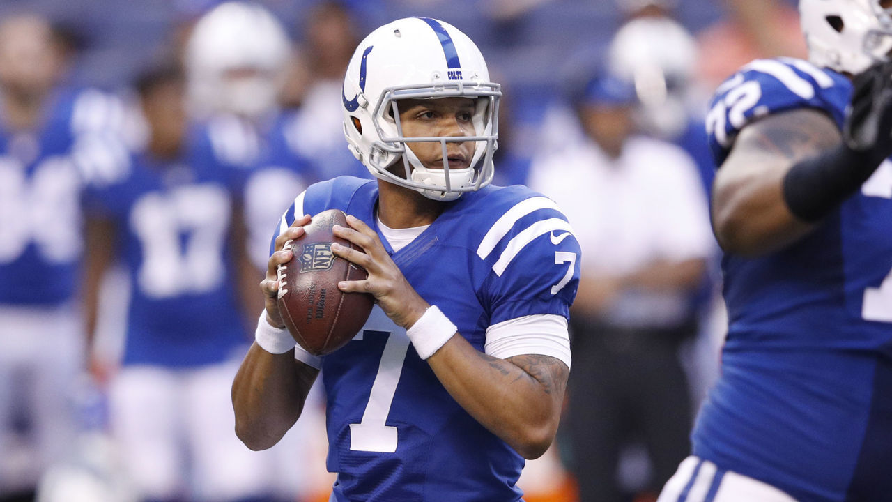 INDIANAPOLIS, IN - AUGUST 31: Stephen Morris #7 of the Indianapolis Colts looks to pass in the first half of a preseason game against the Cincinnati Bengals at Lucas Oil Stadium on August 31, 2017 in Indianapolis, Indiana.