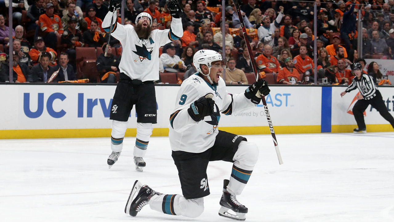 ANAHEIM, CA - APRIL 12: Evander Kane #9 of the San Jose Sharks celebrates his first goal of the second period against the Anaheim Ducks in Game One of the Western Conference First Round during the 2018 NHL Stanley Cup Playoffs at Honda Center on April 12, 2018 in Anaheim, California.