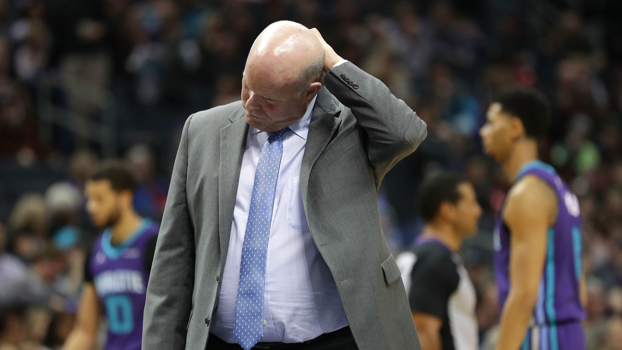 CHARLOTTE, NC - FEBRUARY 11: Head coach Steve Clifford of the Charlotte Hornets reacts against the Toronto Raptors during their game at Spectrum Center on February 11, 2018 in Charlotte, North Carolina.