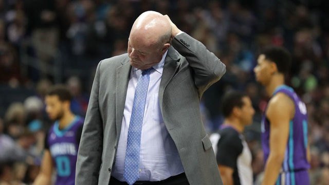 CHARLOTTE, NC - FEBRUARY 11: Head coach Steve Clifford of the Charlotte Hornets reacts against the Toronto Raptors during their game at Spectrum Center on February 11, 2018 in Charlotte, North Carolina.