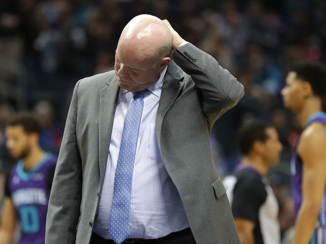 CHARLOTTE, NC - FEBRUARY 11: Head coach Steve Clifford of the Charlotte Hornets reacts against the Toronto Raptors during their game at Spectrum Center on February 11, 2018 in Charlotte, North Carolina.