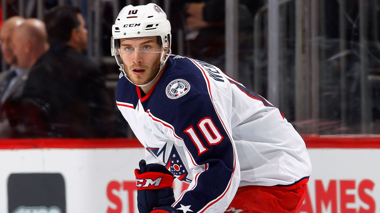 NEWARK, NJ - FEBRUARY 20: Alexander Wennberg #10 of the Columbus Blue Jackets in action against the New Jersey Devils on February 20, 2018 at Prudential Center in Newark, New Jersey.