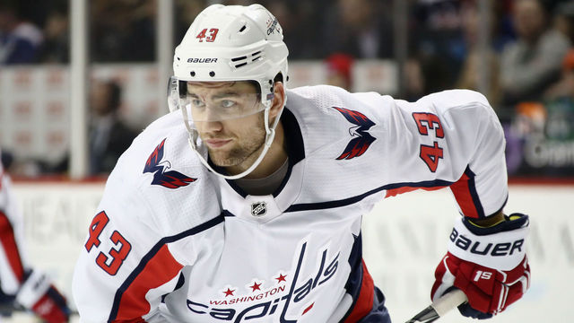 NEW YORK, NY - MARCH 15: Tom Wilson #43 of the Washington Capitals skates against the New York Islanders at the Barclay Center in the Brooklyn borough of New York City. The Capitals defeated the Islanders 7-3.