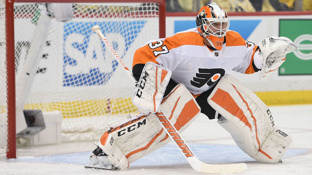 PITTSBURGH, PA - APRIL 11: Brian Elliott #37 of the Philadelphia Flyers tends goal during the second period in Game One of the Eastern Conference First Round during the 2018 NHL Stanley Cup Playoffs against the Pittsburgh Penguins at PPG PAINTS Arena on April 11, 2018 in Pittsburgh, Pennsylvania. *** Local Caption *** Brian Elliott