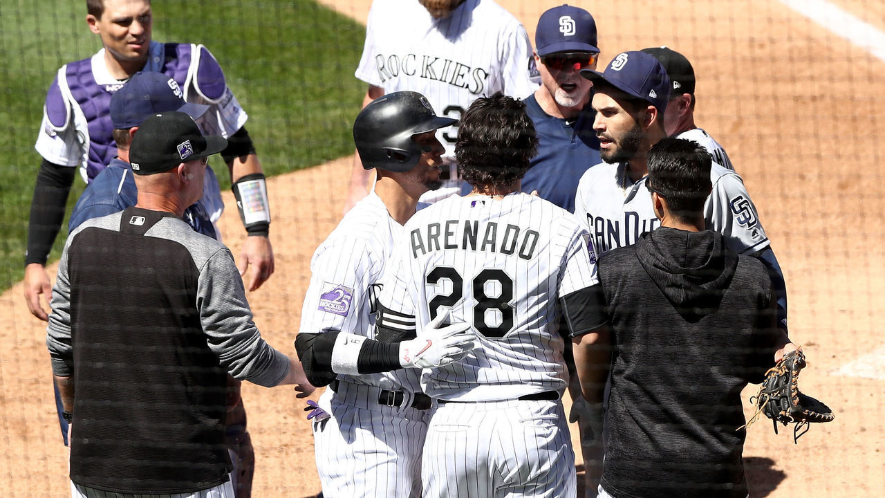DENVER, CO - APRIL 11: Benches clear as a brawl breaks out between the Colorado Rockies and the San Diego Padres in the third inning at Coors Field on April 11, 2018 in Denver, Colorado.