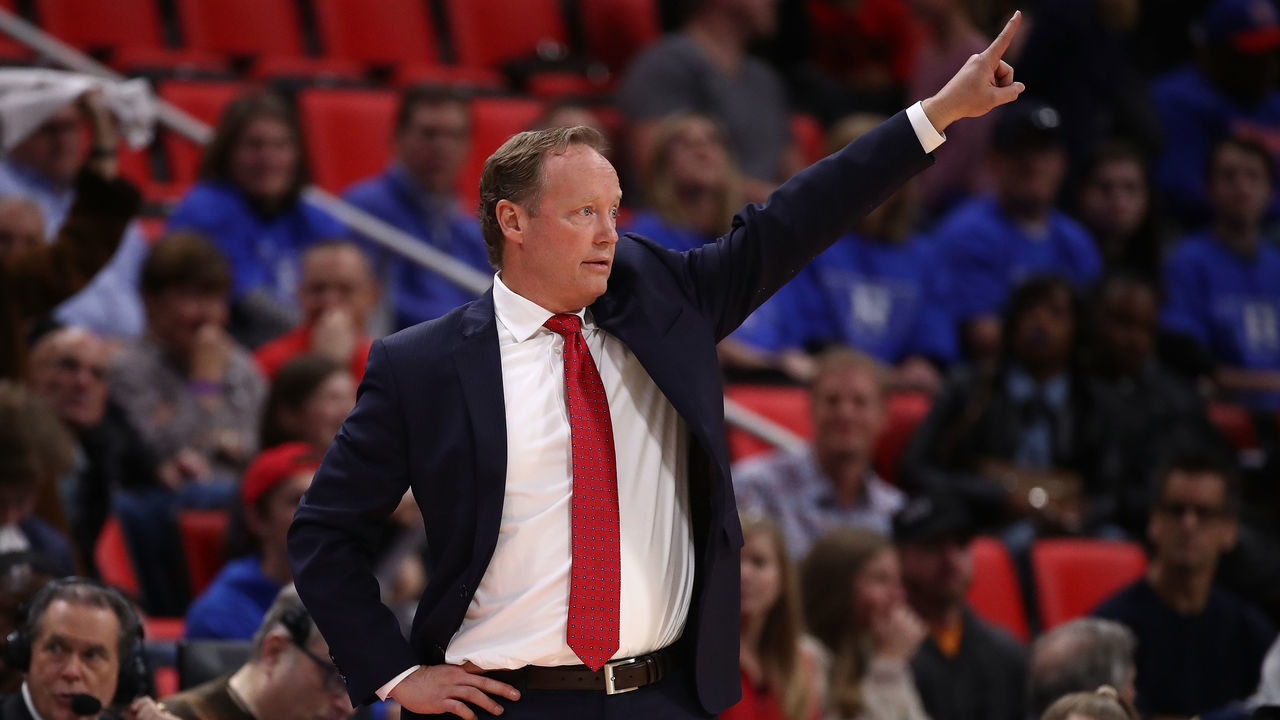 DETROIT, MI - NOVEMBER 10: Head coach Mike Budenholzer of the Atlanta Hawks looks on from the bench while playing the Detroit Pistons at Little Caesars Arena on November 10, 2017 in Detroit, Michigan. Detroit won the game 111-104.