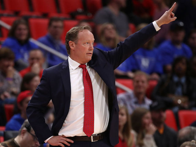 DETROIT, MI - NOVEMBER 10: Head coach Mike Budenholzer of the Atlanta Hawks looks on from the bench while playing the Detroit Pistons at Little Caesars Arena on November 10, 2017 in Detroit, Michigan. Detroit won the game 111-104.