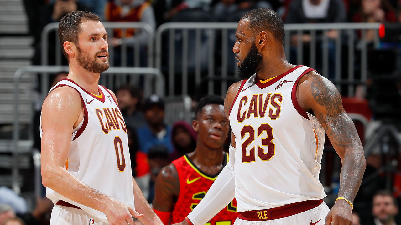 ATLANTA, GA - NOVEMBER 30: LeBron James #23 of the Cleveland Cavaliers reacts with Kevin Love #0 after drawing a foul against the Atlanta Hawks at Philips Arena on November 30, 2017 in Atlanta, Georgia.