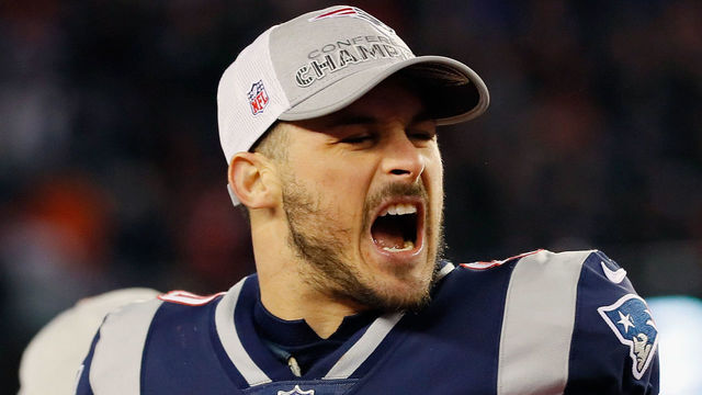 FOXBOROUGH, MA - JANUARY 21: Danny Amendola #80 of the New England Patriots celebrates after the AFC Championship Game against the Jacksonville Jaguars at Gillette Stadium on January 21, 2018 in Foxborough, Massachusetts.