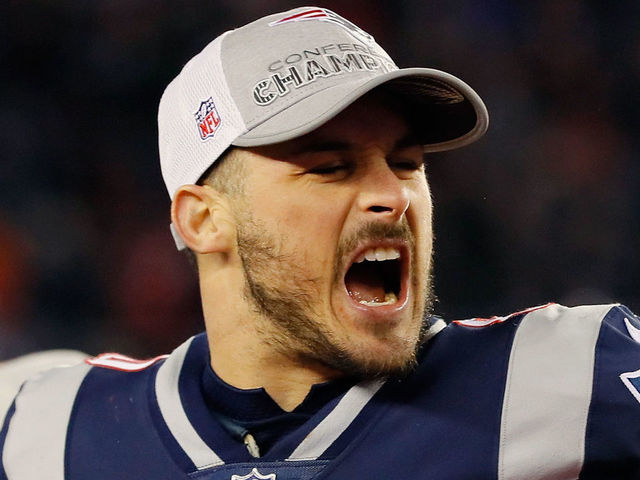 FOXBOROUGH, MA - JANUARY 21: Danny Amendola #80 of the New England Patriots celebrates after the AFC Championship Game against the Jacksonville Jaguars at Gillette Stadium on January 21, 2018 in Foxborough, Massachusetts.
