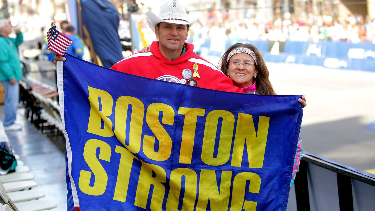 BOSTON, MA - APRIL 18: Carlos Arredondo and Melida Arredondo pose near the finish line during the 120th Boston Marathon on April 18, 2016 in Boston, Massachusetts.